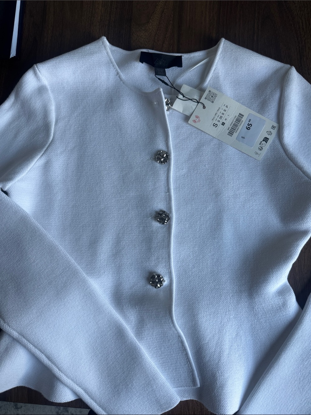 ZARA PEPLUM BLAZER WITH METAL BUTTONS White Women's Button-Front Knit Jacket-NWT